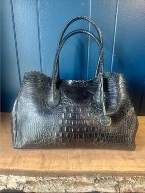 Furla Italy Black Croc Embossed Leather Tote Bag Large Shoulder Purse w Dust Bag